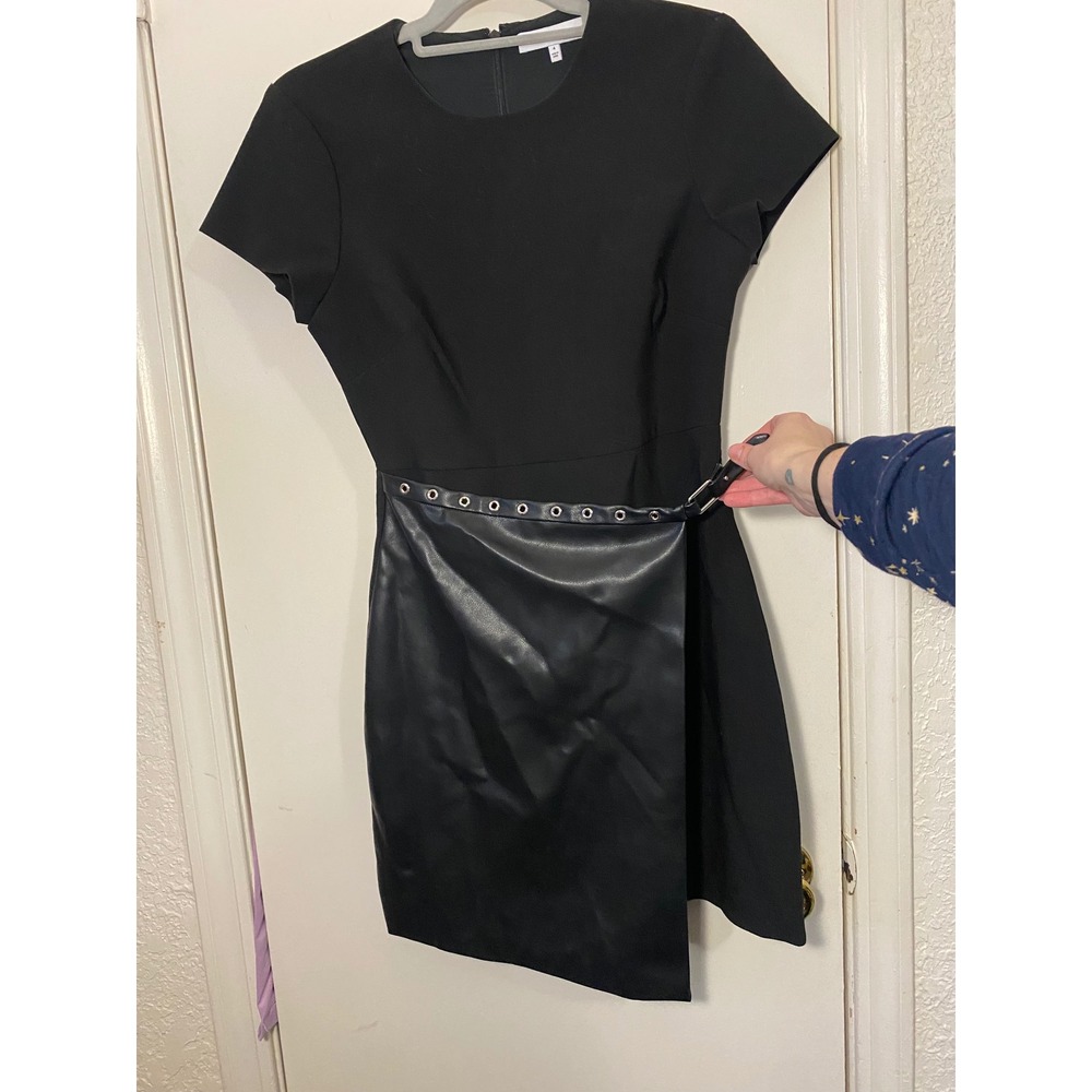 LIKELY Black Mixed Media Faux Leather Wrap Mini Dress Grommet Belt Size 4